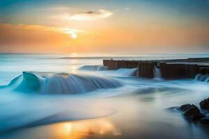 a beautiful sunset over the ocean with waves crashing into the shore. AI-Generated photo