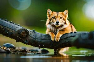 a brown dog sitting on a log in the water. AI-Generated photo