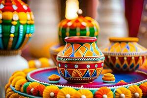 colorful vases and decorative plates on a table. AI-Generated photo