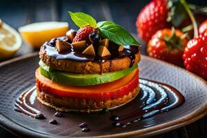 a cake with strawberries, avocado and chocolate. AI-Generated photo
