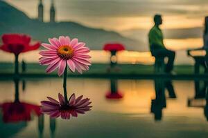 a man and woman are sitting on a bench in front of a flower. AI-Generated photo