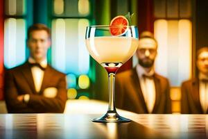 a cocktail with a man in a suit behind it. AI-Generated photo