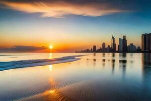 the sun sets over the city skyline in gold coast. AI-Generated photo