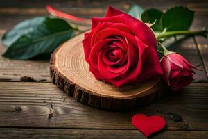 a single red rose on a wooden table with a heart. AI-Generated photo