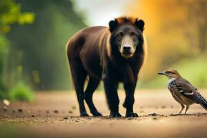 a brown bear and a bird standing on a road. AI-Generated photo