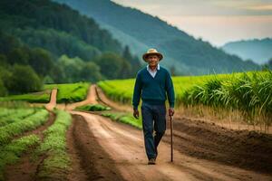 a man walking down a dirt road in a field. AI-Generated photo