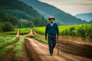 un hombre caminando abajo un suciedad la carretera en un campo. generado por ai foto