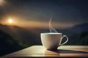 a cup of coffee on a table in front of a mountain. AI-Generated photo