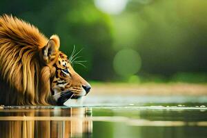 a tiger drinking water from a pond. AI-Generated photo