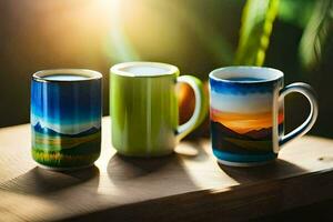 three mugs with different designs on them. AI-Generated photo
