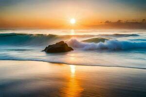 the sun rises over the ocean waves. AI-Generated photo