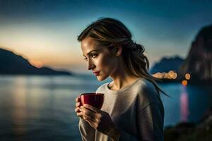 a woman holding a cup of coffee by the water. AI-Generated photo