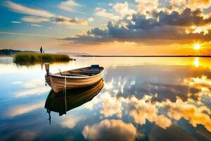 a boat is sitting on the water at sunset. AI-Generated photo