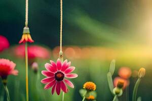 pink flowers hanging from a string in a field. AI-Generated photo