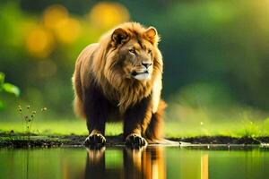a lion standing in the water with its reflection. AI-Generated photo