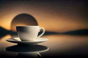 a cup of coffee on a table in front of a sunset. AI-Generated photo