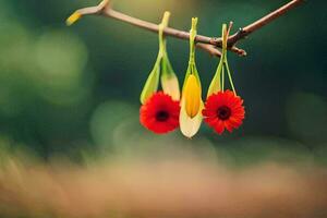 rojo flores colgando desde un rama. generado por ai foto