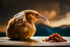 a bird with a long beak and red beak sitting on a table. AI-Generated photo