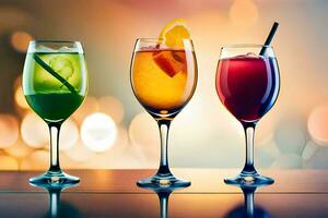 three glasses of different colored drinks on a table. AI-Generated photo