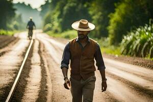 a man in a hat and vest walking down a dirt road. AI-Generated photo