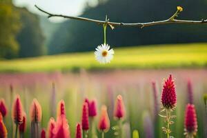 un soltero flor es colgando desde un rama en un campo. generado por ai foto