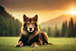 a lion is sitting in the grass at sunset. AI-Generated photo