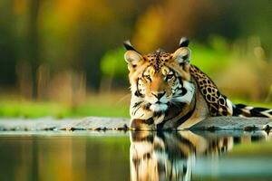 a leopard is sitting on the edge of a lake. AI-Generated photo