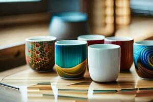 a group of colorful cups sitting on a table. AI-Generated photo