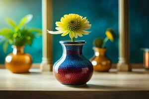 a vase with a yellow flower in it. AI-Generated photo