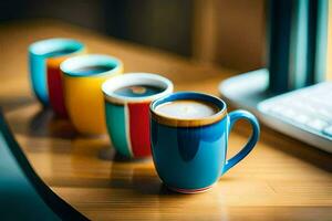 a row of colorful coffee cups on a table. AI-Generated photo