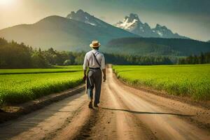 man walking on a dirt road in the middle of a field. AI-Generated photo