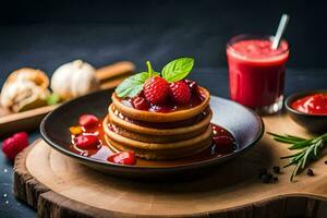 pancakes with berries and syrup on a plate. AI-Generated photo