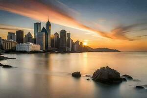 the city skyline at sunset in hong. AI-Generated photo