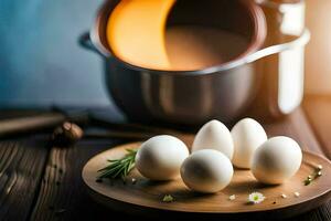 eggs on a wooden plate next to a pot. AI-Generated photo