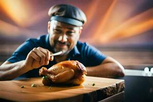 a man in a hat is holding a knife and fork while sitting at a table with a chicken. AI-Generated photo