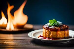 un postre en un plato con un vela en el antecedentes. generado por ai foto