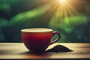 a cup of tea on a wooden table. AI-Generated photo