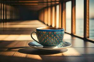 a cup of coffee on a table in front of a window. AI-Generated photo