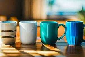 five different colored coffee mugs on a table. AI-Generated photo