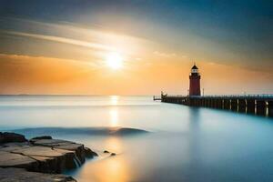 a lighthouse stands in the water at sunset. AI-Generated photo