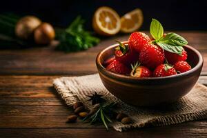 strawberries in a bowl on a wooden table. AI-Generated photo