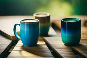 two coffee cups on a wooden table. AI-Generated photo