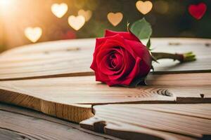 un soltero rojo Rosa en un de madera mesa con corazones en el antecedentes. generado por ai foto