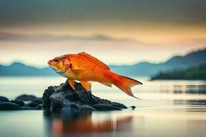 un pescado es en pie en un rock en el agua. generado por ai foto