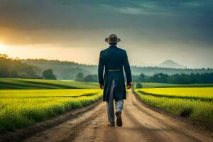 a man in a hat and suit walks down a dirt road. AI-Generated photo