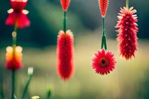 rojo flores colgando desde instrumentos de cuerda en el césped. generado por ai foto