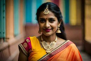 un mujer en un naranja sari con oro joyas. generado por ai foto