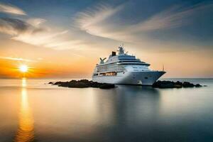 un crucero Embarcacion en el Oceano a puesta de sol. generado por ai foto