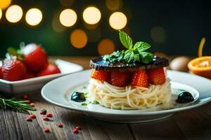 a plate of spaghetti with strawberries and mushrooms. AI-Generated photo