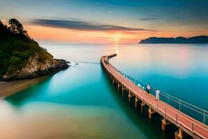 un muelle con un largo puente terminado el océano. generado por ai foto